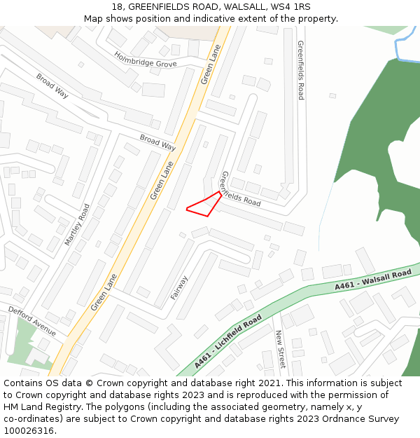 18, GREENFIELDS ROAD, WALSALL, WS4 1RS: Location map and indicative extent of plot