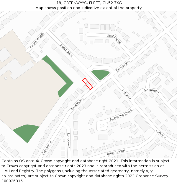 18, GREENWAYS, FLEET, GU52 7XG: Location map and indicative extent of plot