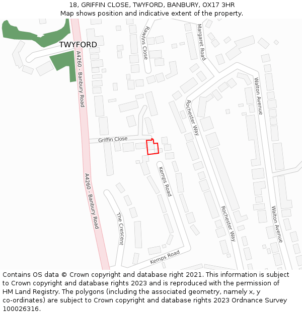 18, GRIFFIN CLOSE, TWYFORD, BANBURY, OX17 3HR: Location map and indicative extent of plot