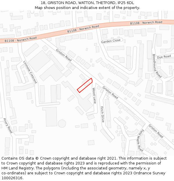 18, GRISTON ROAD, WATTON, THETFORD, IP25 6DL: Location map and indicative extent of plot
