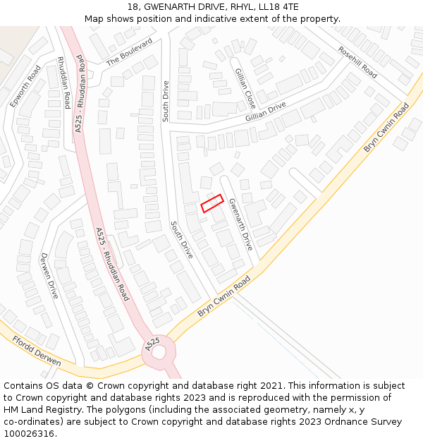 18, GWENARTH DRIVE, RHYL, LL18 4TE: Location map and indicative extent of plot