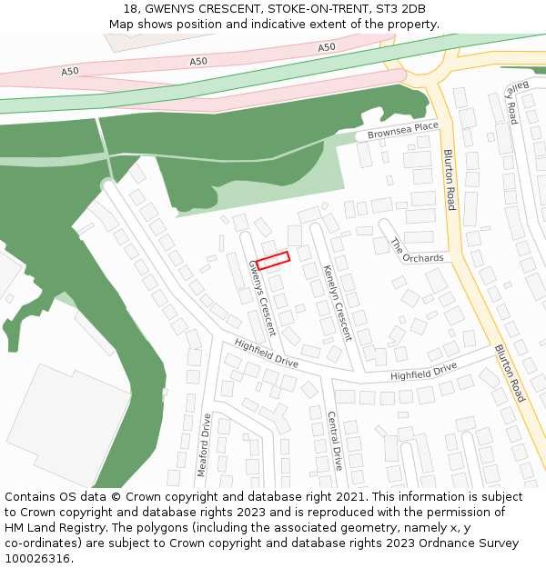 18, GWENYS CRESCENT, STOKE-ON-TRENT, ST3 2DB: Location map and indicative extent of plot