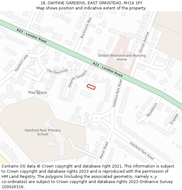 18, GWYNNE GARDENS, EAST GRINSTEAD, RH19 1PY: Location map and indicative extent of plot