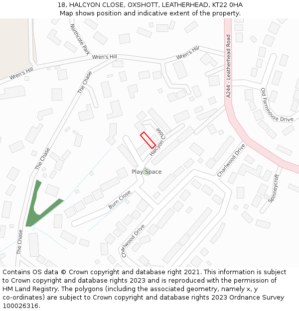 18, HALCYON CLOSE, OXSHOTT, LEATHERHEAD, KT22 0HA: Location map and indicative extent of plot