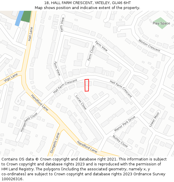 18, HALL FARM CRESCENT, YATELEY, GU46 6HT: Location map and indicative extent of plot