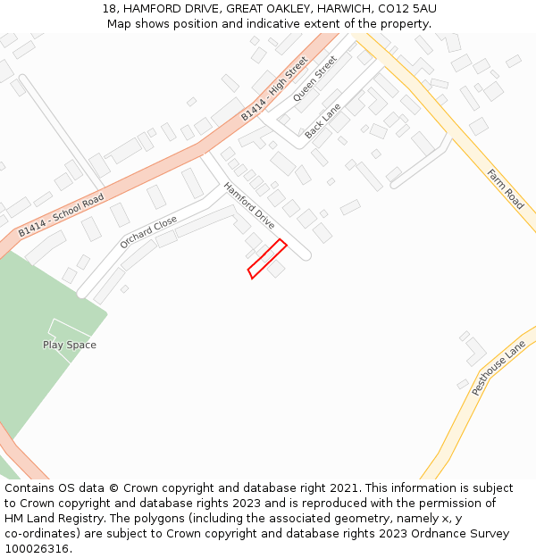 18, HAMFORD DRIVE, GREAT OAKLEY, HARWICH, CO12 5AU: Location map and indicative extent of plot