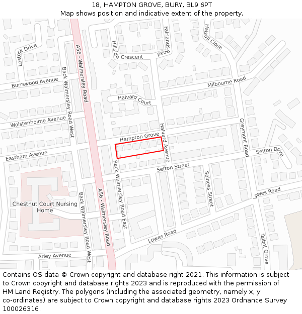 18, HAMPTON GROVE, BURY, BL9 6PT: Location map and indicative extent of plot