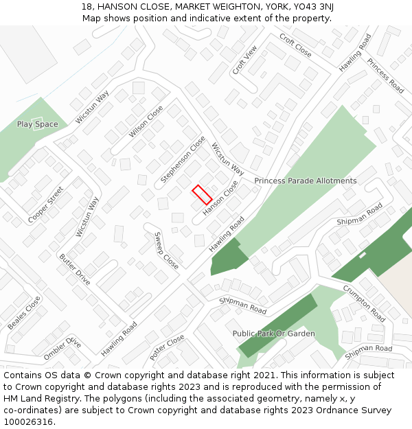 18, HANSON CLOSE, MARKET WEIGHTON, YORK, YO43 3NJ: Location map and indicative extent of plot