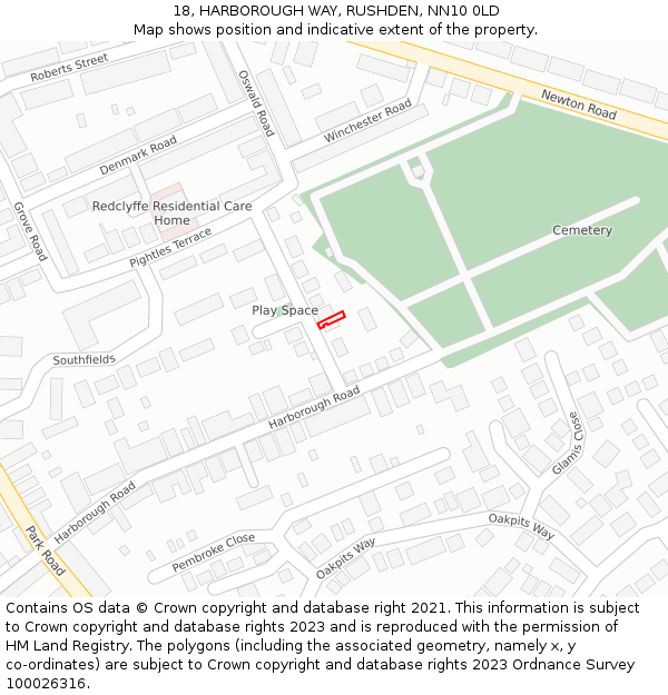 18, HARBOROUGH WAY, RUSHDEN, NN10 0LD: Location map and indicative extent of plot