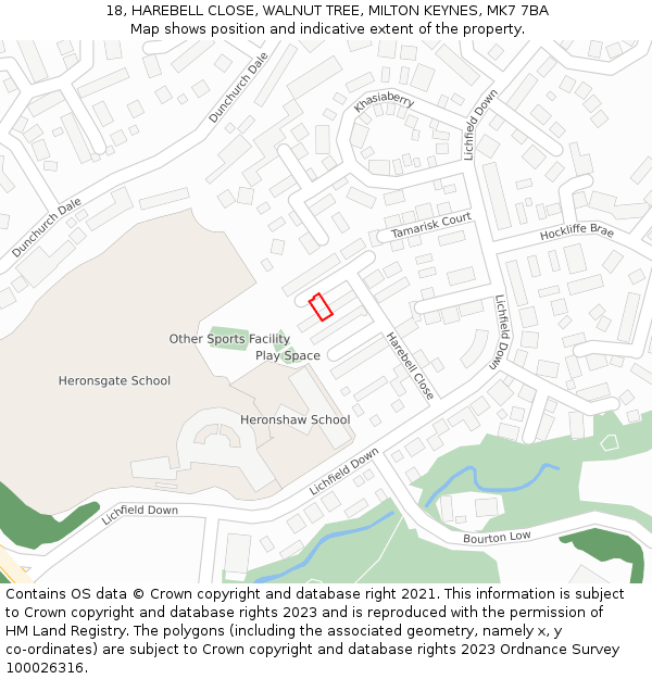 18, HAREBELL CLOSE, WALNUT TREE, MILTON KEYNES, MK7 7BA: Location map and indicative extent of plot