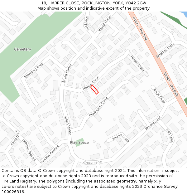 18, HARPER CLOSE, POCKLINGTON, YORK, YO42 2GW: Location map and indicative extent of plot