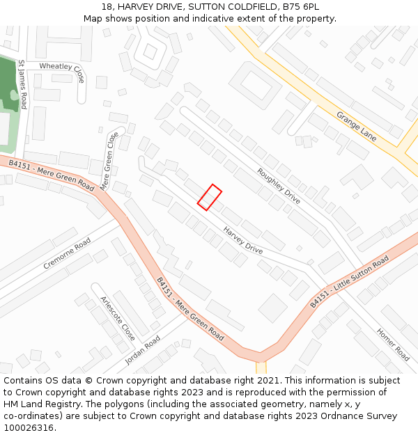 18, HARVEY DRIVE, SUTTON COLDFIELD, B75 6PL: Location map and indicative extent of plot