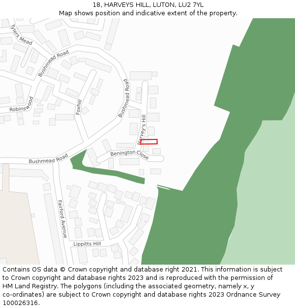 18, HARVEYS HILL, LUTON, LU2 7YL: Location map and indicative extent of plot