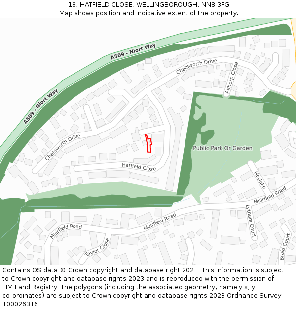 18, HATFIELD CLOSE, WELLINGBOROUGH, NN8 3FG: Location map and indicative extent of plot