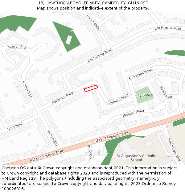 18, HAWTHORN ROAD, FRIMLEY, CAMBERLEY, GU16 8SE: Location map and indicative extent of plot