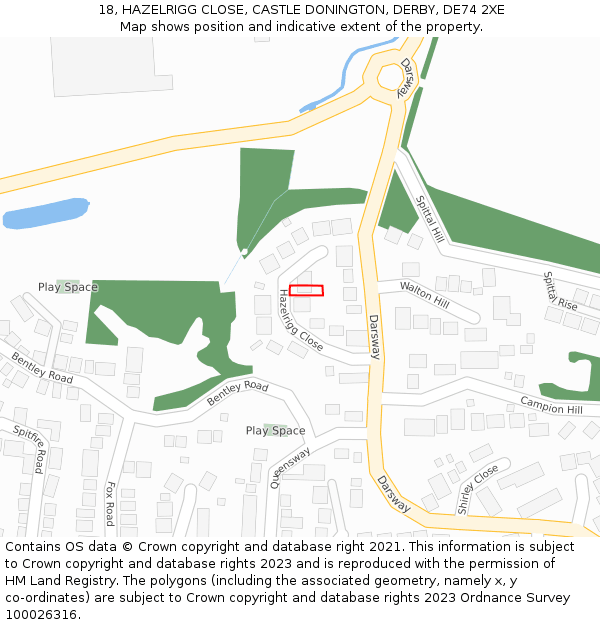 18, HAZELRIGG CLOSE, CASTLE DONINGTON, DERBY, DE74 2XE: Location map and indicative extent of plot