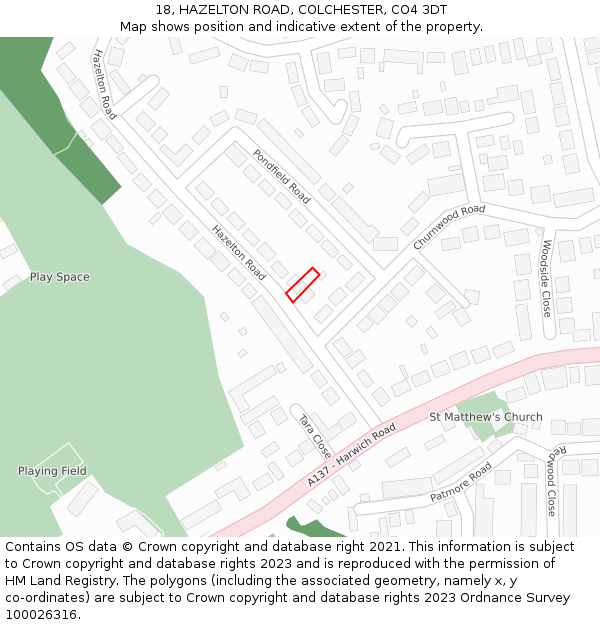 18, HAZELTON ROAD, COLCHESTER, CO4 3DT: Location map and indicative extent of plot