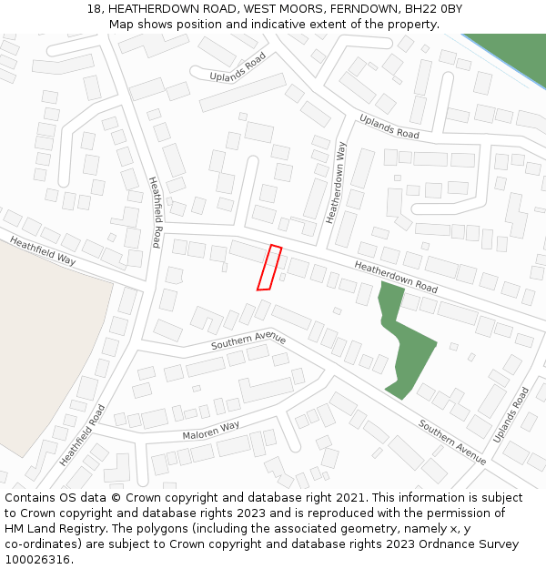 18, HEATHERDOWN ROAD, WEST MOORS, FERNDOWN, BH22 0BY: Location map and indicative extent of plot