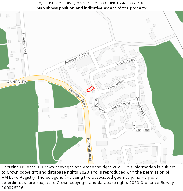 18, HENFREY DRIVE, ANNESLEY, NOTTINGHAM, NG15 0EF: Location map and indicative extent of plot