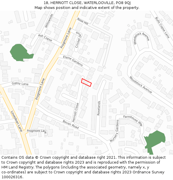 18, HERRIOTT CLOSE, WATERLOOVILLE, PO8 9QJ: Location map and indicative extent of plot