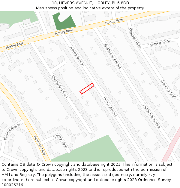 18, HEVERS AVENUE, HORLEY, RH6 8DB: Location map and indicative extent of plot