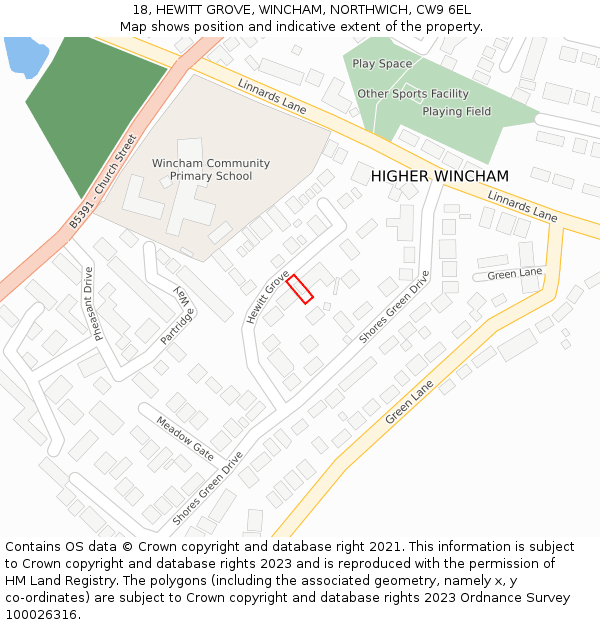 18, HEWITT GROVE, WINCHAM, NORTHWICH, CW9 6EL: Location map and indicative extent of plot