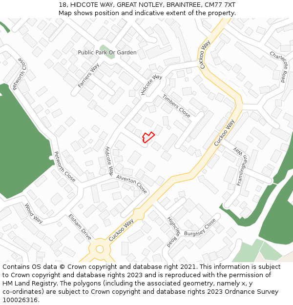 18, HIDCOTE WAY, GREAT NOTLEY, BRAINTREE, CM77 7XT: Location map and indicative extent of plot