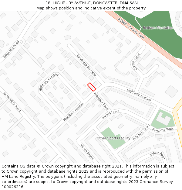 18, HIGHBURY AVENUE, DONCASTER, DN4 6AN: Location map and indicative extent of plot