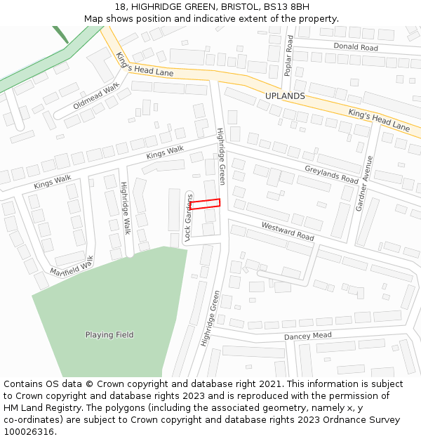 18, HIGHRIDGE GREEN, BRISTOL, BS13 8BH: Location map and indicative extent of plot