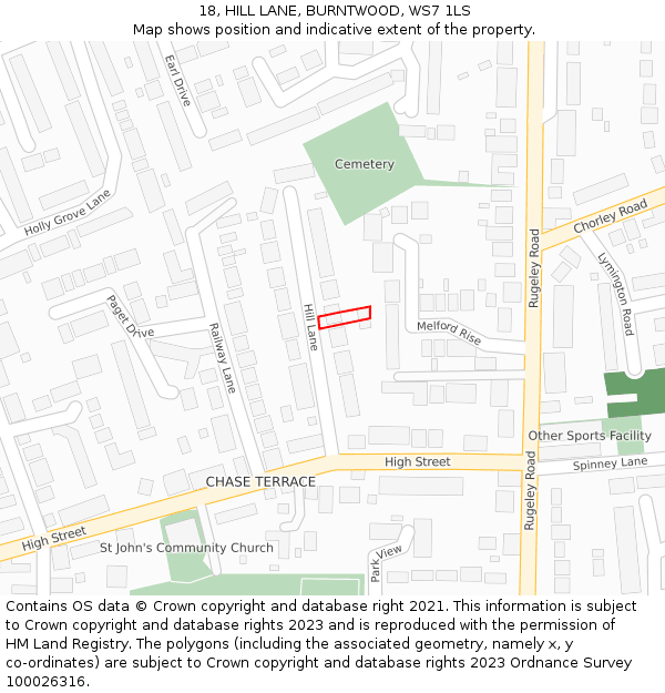 18, HILL LANE, BURNTWOOD, WS7 1LS: Location map and indicative extent of plot