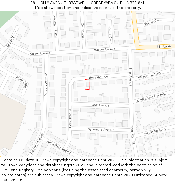 18, HOLLY AVENUE, BRADWELL, GREAT YARMOUTH, NR31 8NL: Location map and indicative extent of plot