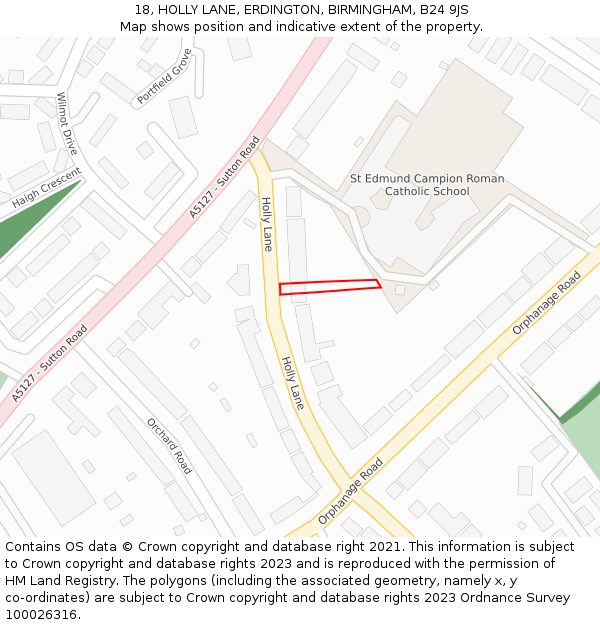 18, HOLLY LANE, ERDINGTON, BIRMINGHAM, B24 9JS: Location map and indicative extent of plot