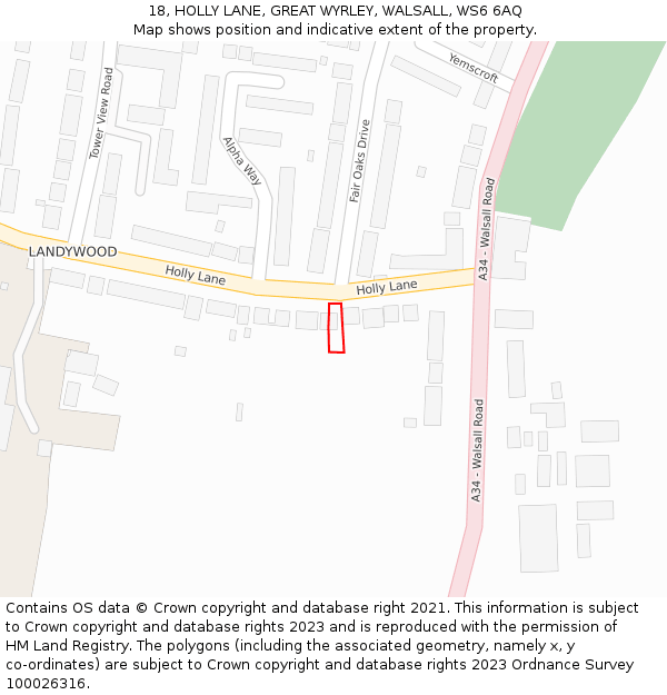 18, HOLLY LANE, GREAT WYRLEY, WALSALL, WS6 6AQ: Location map and indicative extent of plot