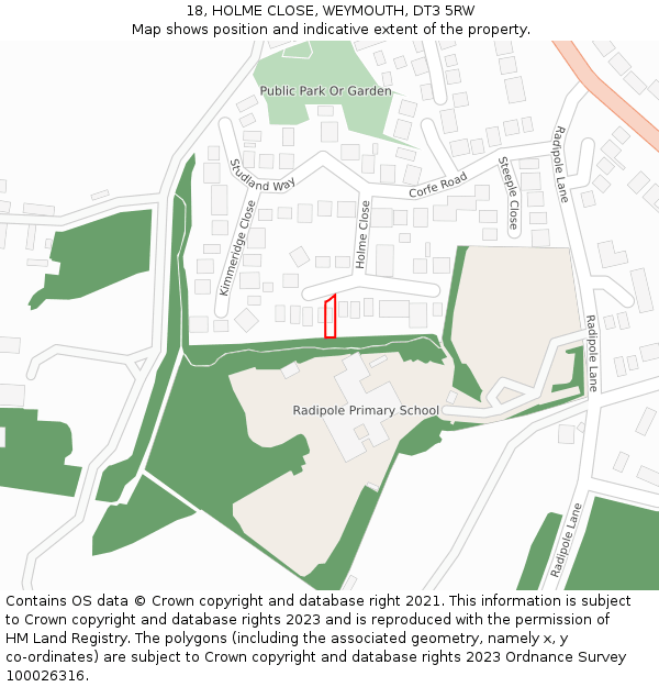 18, HOLME CLOSE, WEYMOUTH, DT3 5RW: Location map and indicative extent of plot