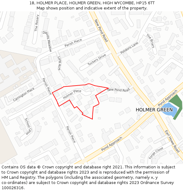 18, HOLMER PLACE, HOLMER GREEN, HIGH WYCOMBE, HP15 6TT: Location map and indicative extent of plot