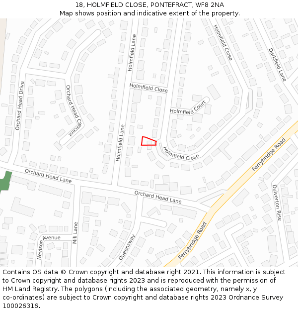 18, HOLMFIELD CLOSE, PONTEFRACT, WF8 2NA: Location map and indicative extent of plot
