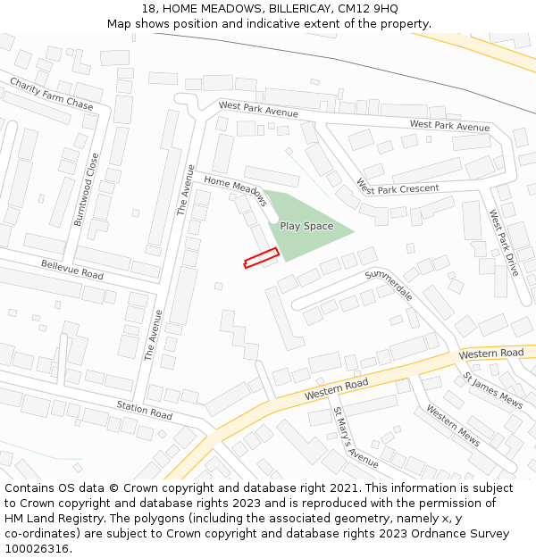 18, HOME MEADOWS, BILLERICAY, CM12 9HQ: Location map and indicative extent of plot