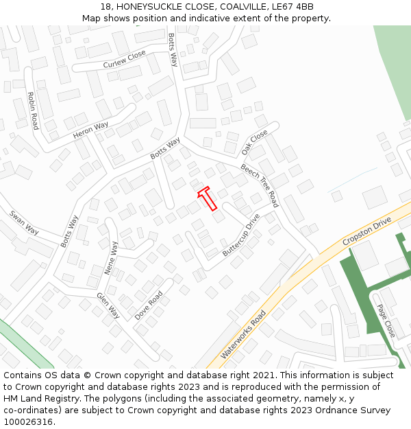 18, HONEYSUCKLE CLOSE, COALVILLE, LE67 4BB: Location map and indicative extent of plot