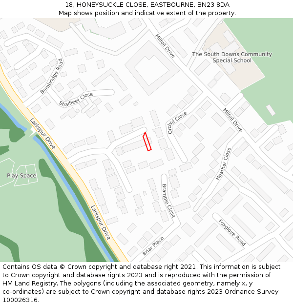 18, HONEYSUCKLE CLOSE, EASTBOURNE, BN23 8DA: Location map and indicative extent of plot