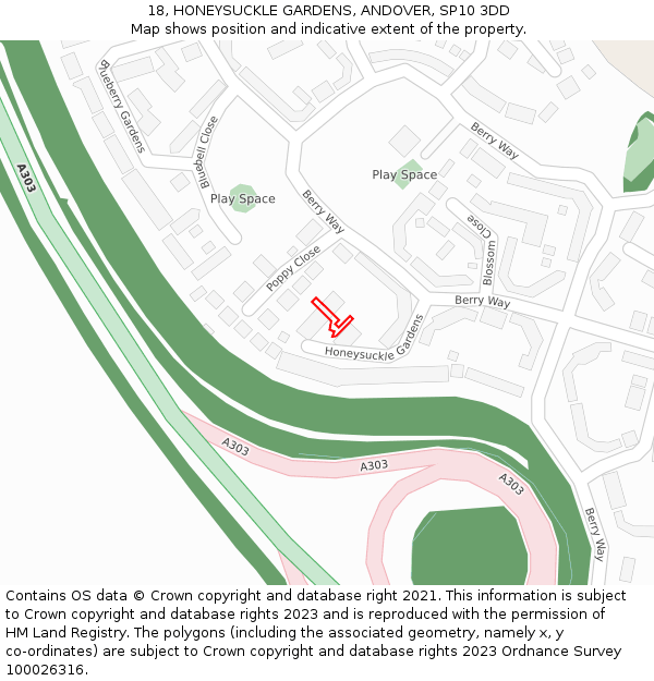 18, HONEYSUCKLE GARDENS, ANDOVER, SP10 3DD: Location map and indicative extent of plot