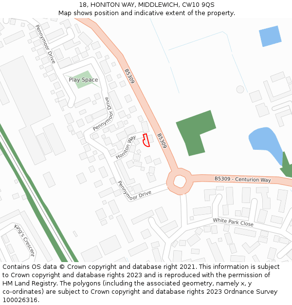 18, HONITON WAY, MIDDLEWICH, CW10 9QS: Location map and indicative extent of plot