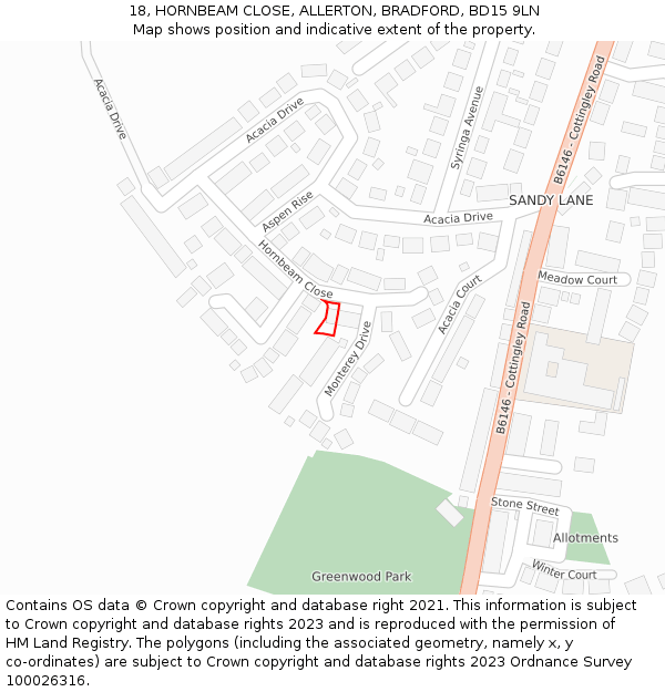 18, HORNBEAM CLOSE, ALLERTON, BRADFORD, BD15 9LN: Location map and indicative extent of plot