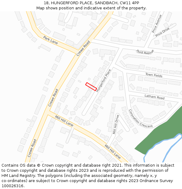 18, HUNGERFORD PLACE, SANDBACH, CW11 4PP: Location map and indicative extent of plot