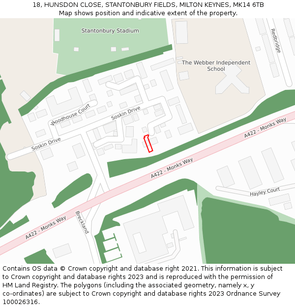 18, HUNSDON CLOSE, STANTONBURY FIELDS, MILTON KEYNES, MK14 6TB: Location map and indicative extent of plot