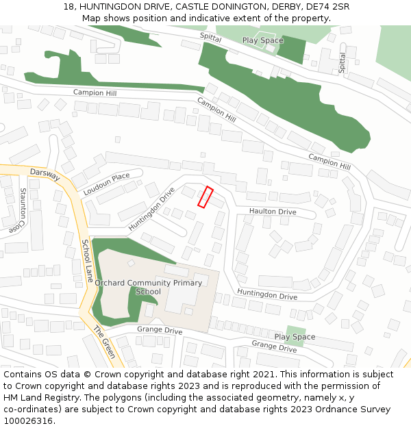 18, HUNTINGDON DRIVE, CASTLE DONINGTON, DERBY, DE74 2SR: Location map and indicative extent of plot