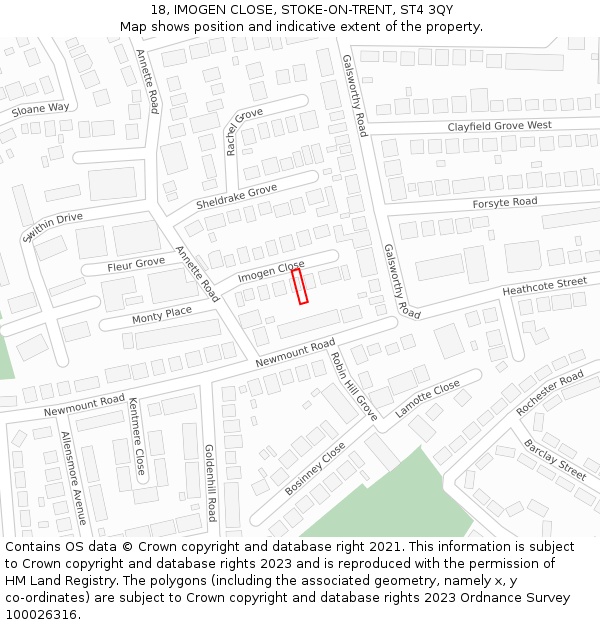 18, IMOGEN CLOSE, STOKE-ON-TRENT, ST4 3QY: Location map and indicative extent of plot