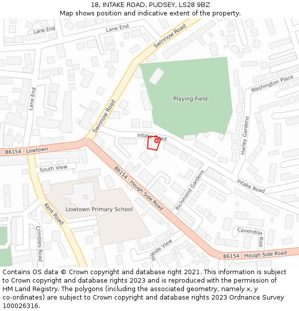 18, INTAKE ROAD, PUDSEY, LS28 9BZ: Location map and indicative extent of plot