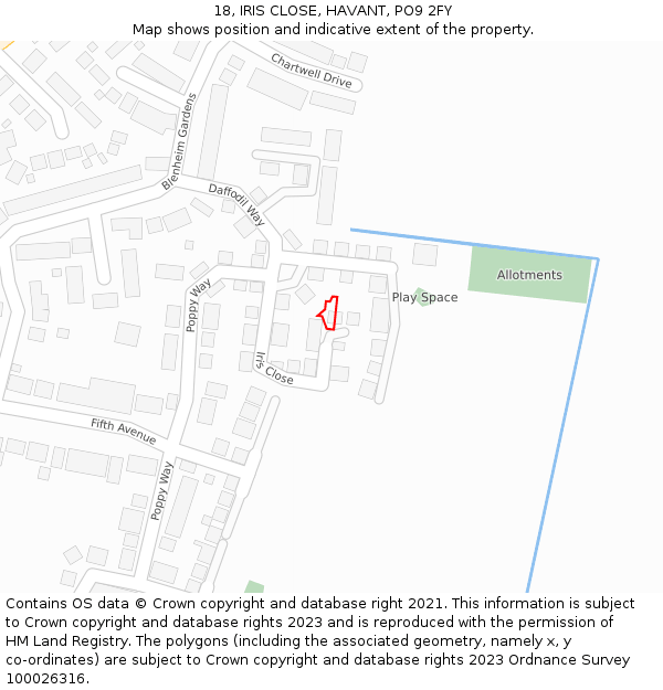 18, IRIS CLOSE, HAVANT, PO9 2FY: Location map and indicative extent of plot