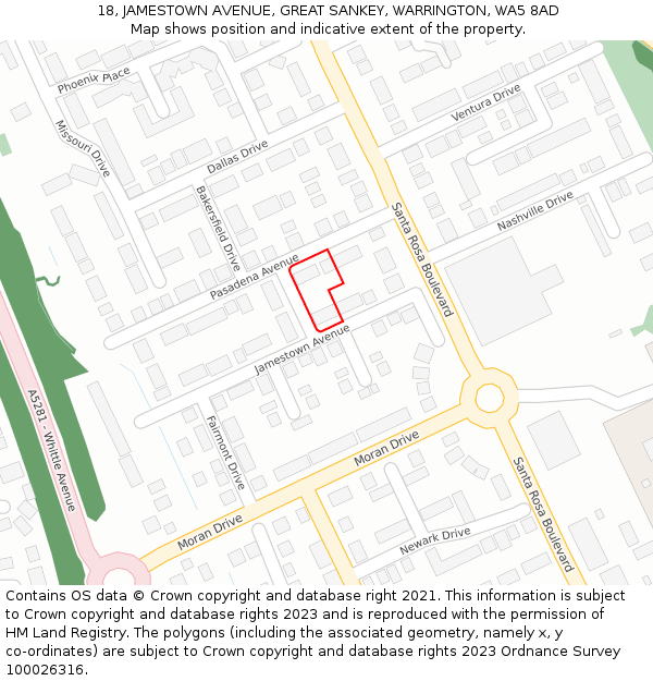 18, JAMESTOWN AVENUE, GREAT SANKEY, WARRINGTON, WA5 8AD: Location map and indicative extent of plot