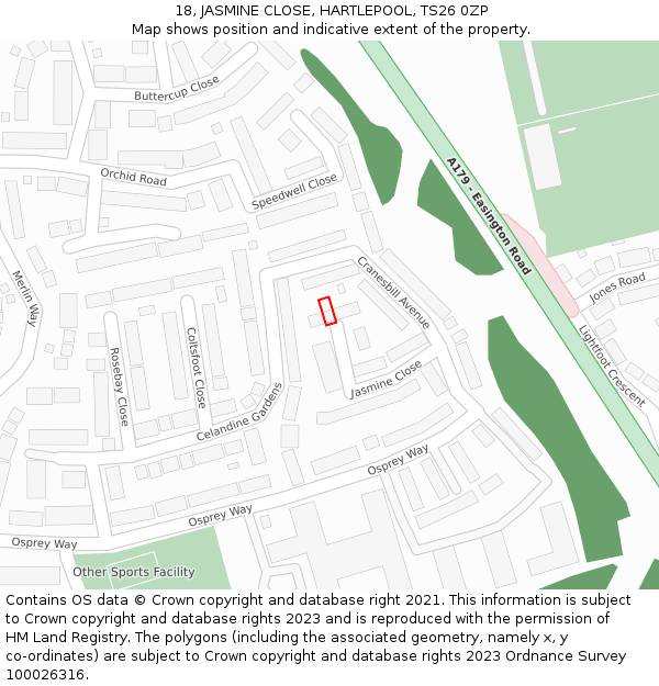 18, JASMINE CLOSE, HARTLEPOOL, TS26 0ZP: Location map and indicative extent of plot